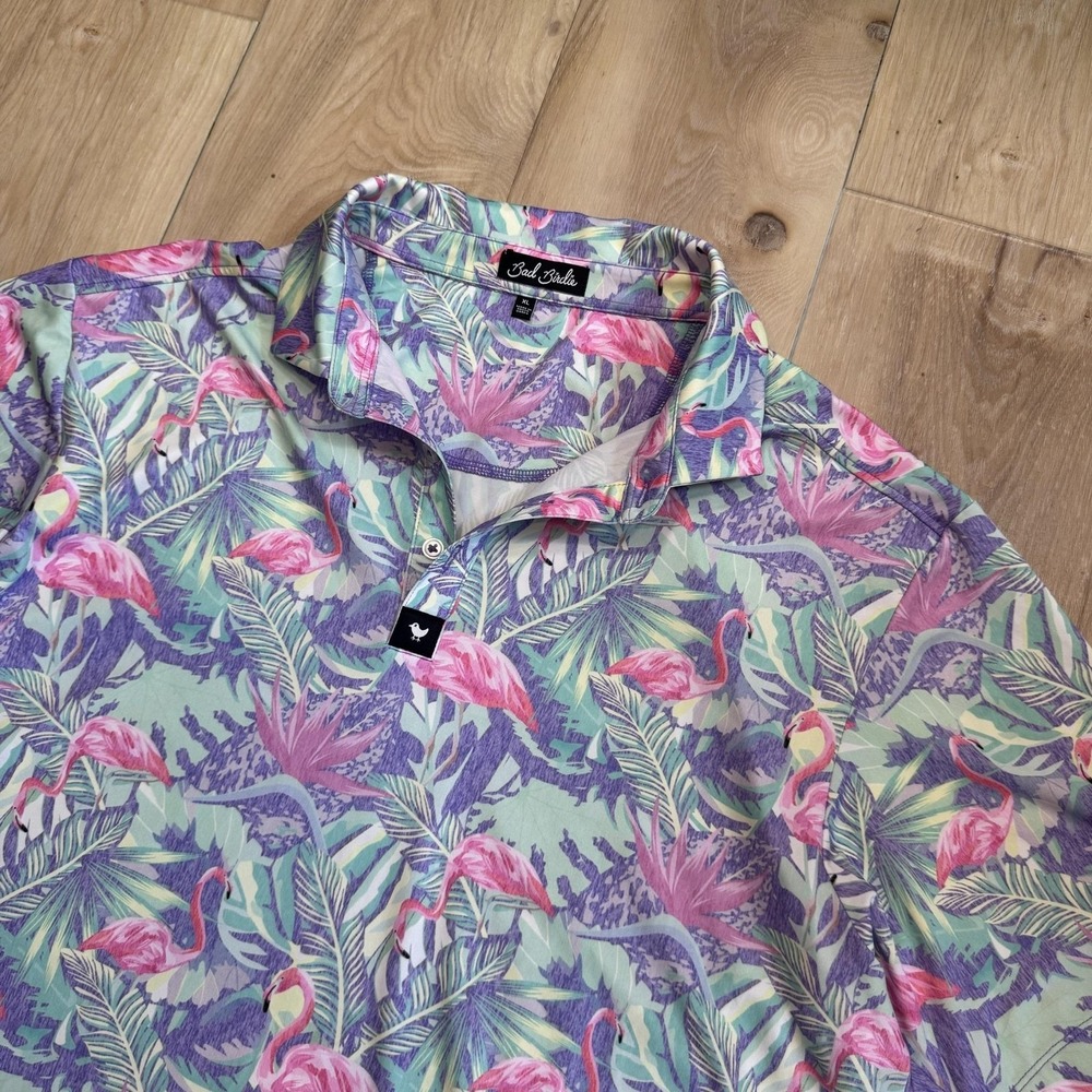 Bad Birdie Polo Shirt Mens XL Flamingo Tropical Golf Performance all over print
